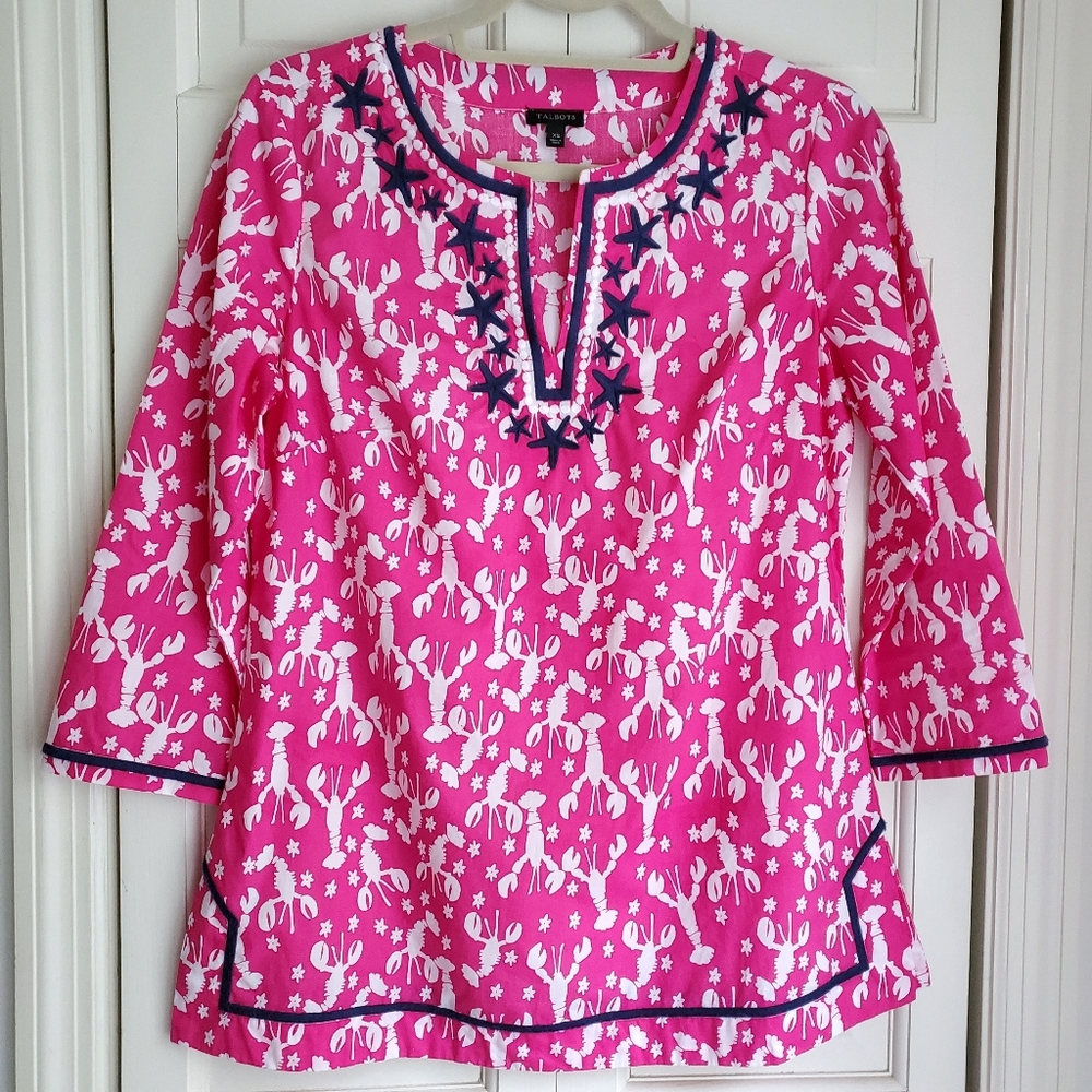 Talbots Preppy, Coastal Chic! Cotton top - Pink & White, Sz XS - Lobsters!